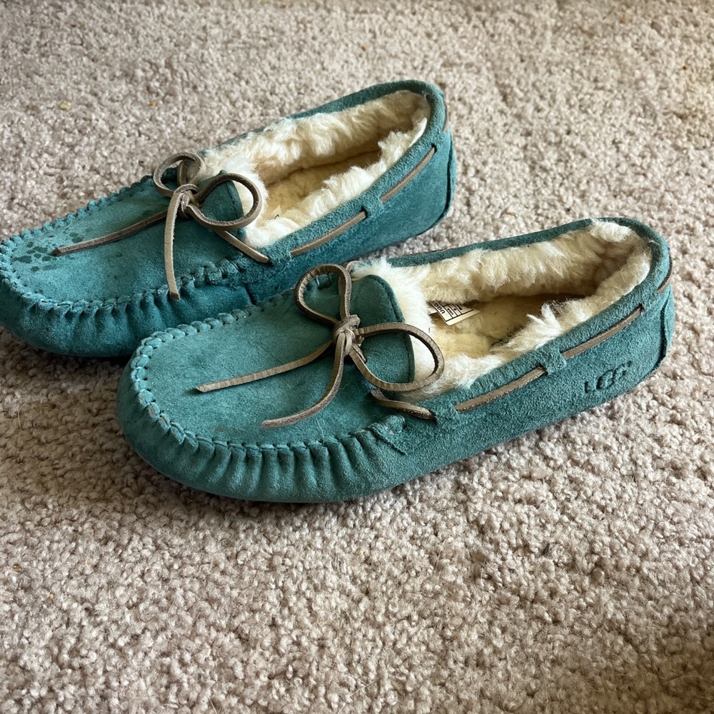 UGG Teal Suede Moccasin Slippers with Shearling Lining